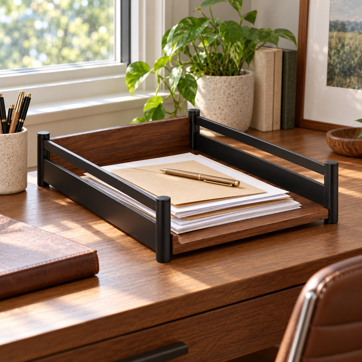 Wood and Steel Letter Tray